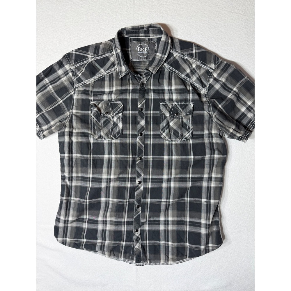 BKE Mens Athletic Fit‎ Plaid Short Sleeve Button Up Shirt XL Black Gray White